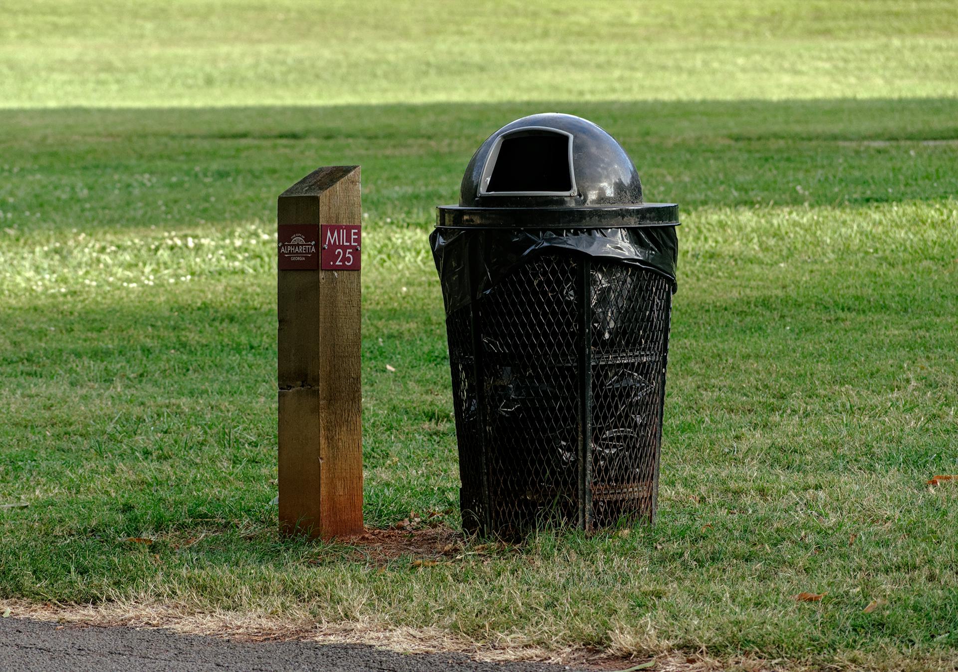 Urban Park Trash Can and Mile Marker in Atlanta