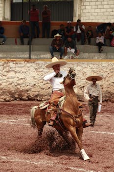 Charro skillfully rides and performs at a Mexican rodeo in Tolcayuca.