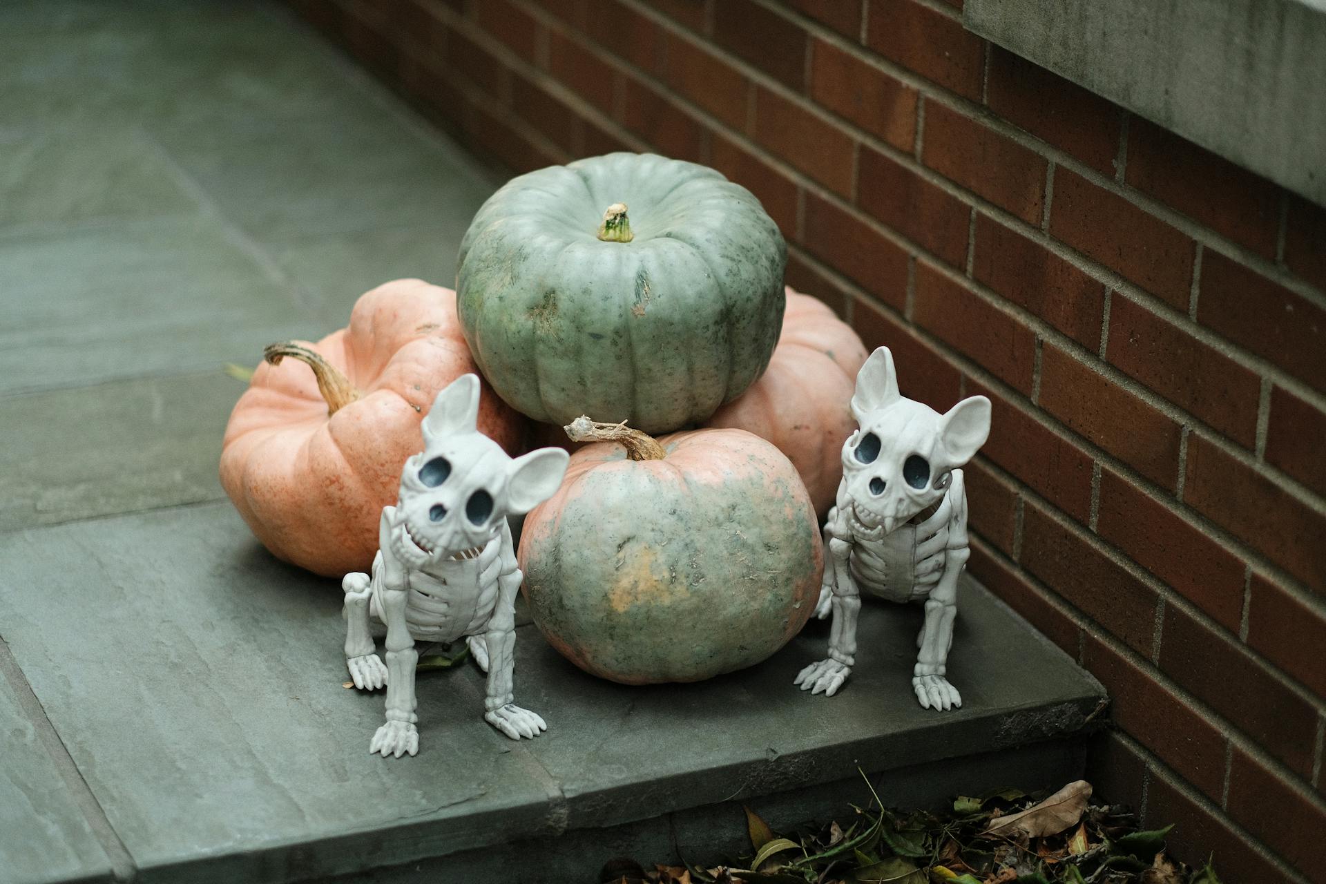 Halloween Decor with Pumpkins and Skeleton Dogs