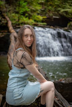 Young woman sitting by a serene forest waterfall, embracing nature's calmness.