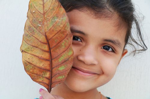Free Smiling child holding a dried leaf, symbolizing nature's beauty and innocence. Stock Photo