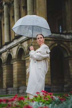A woman in a stylish coat holding an umbrella outside a historic building in Munich.