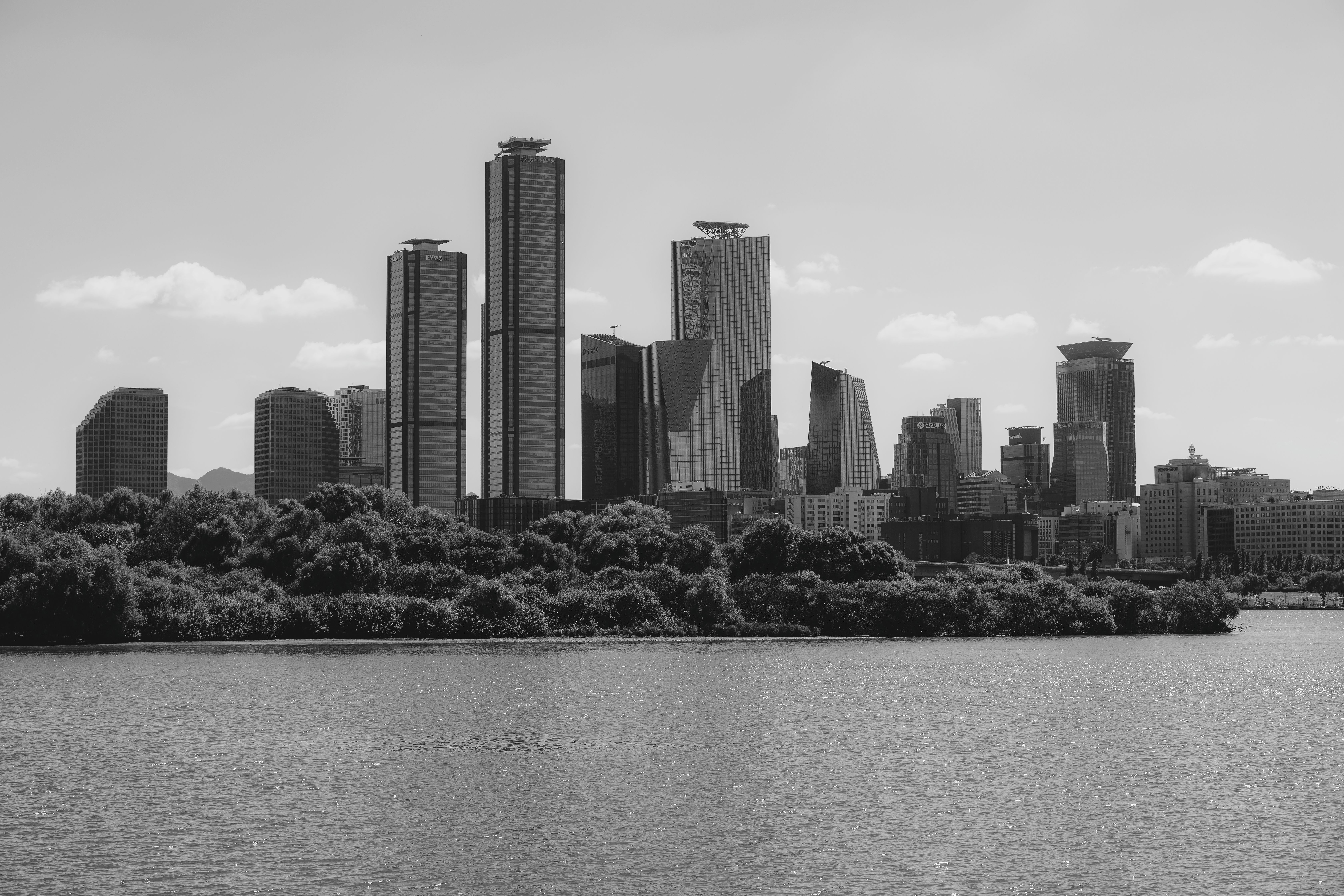 Monochromatic view of a modern city skyline reflected in water, with clear skies and tall skyscrapers.
