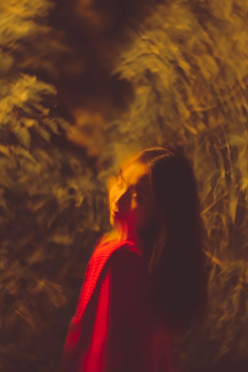 Free Blurry abstract portrait of a woman in red, surrounded by nature, creating a dreamy effect. Stock Photo