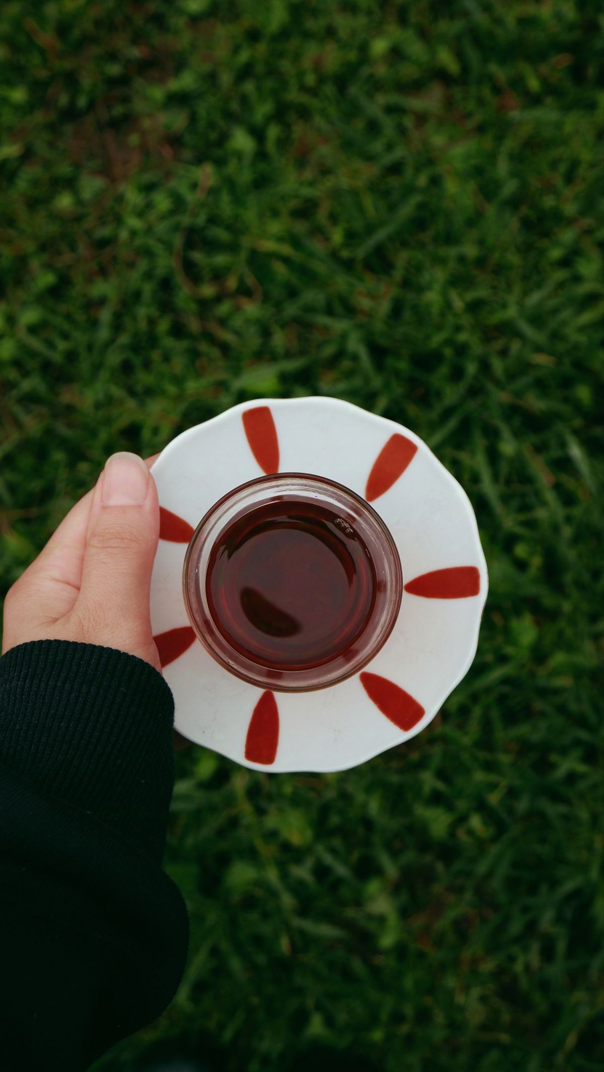A hand holding a glass of tea above green grass outdoors