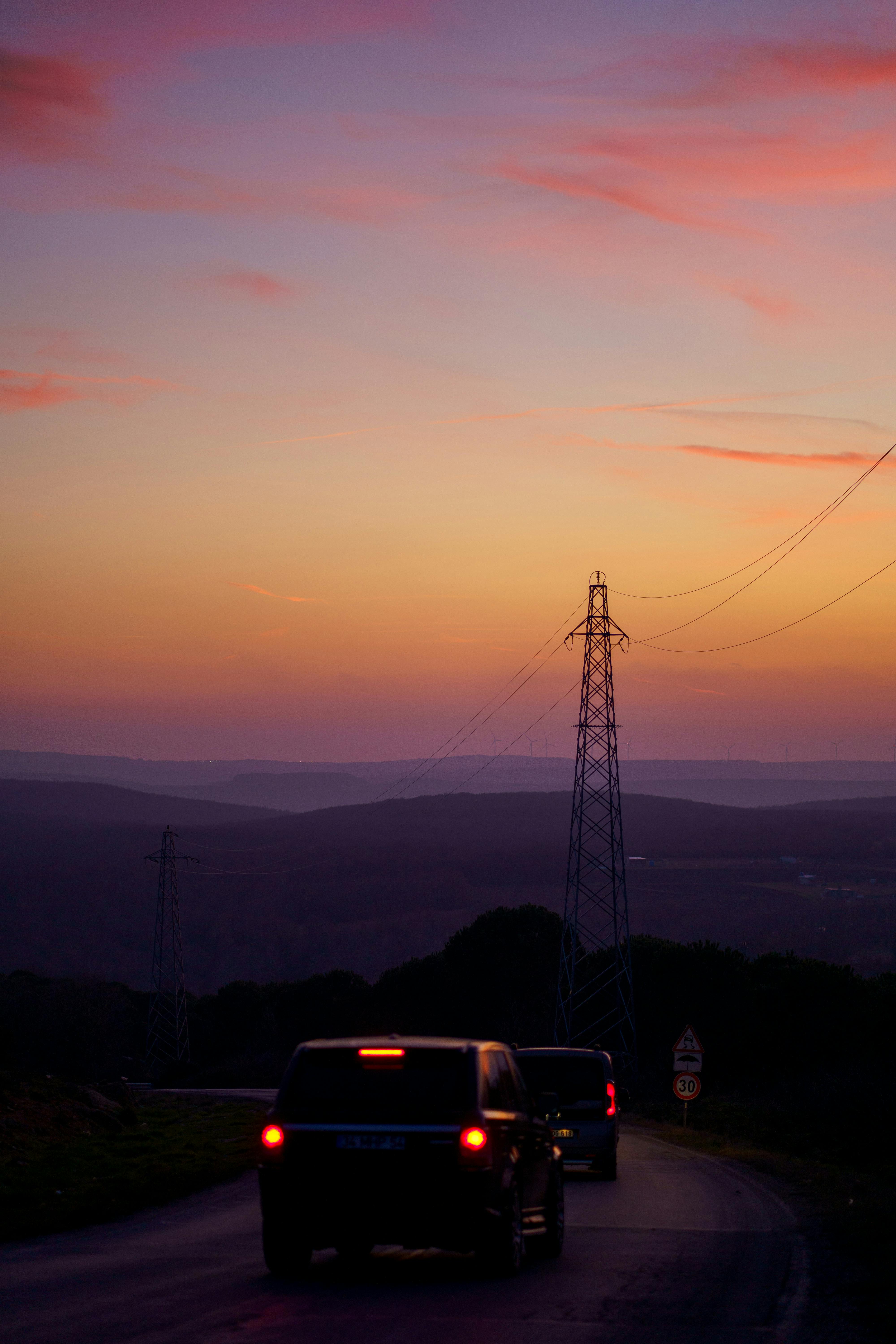 Beautiful sunset view with cars and power lines in Çatalca, İstanbul.