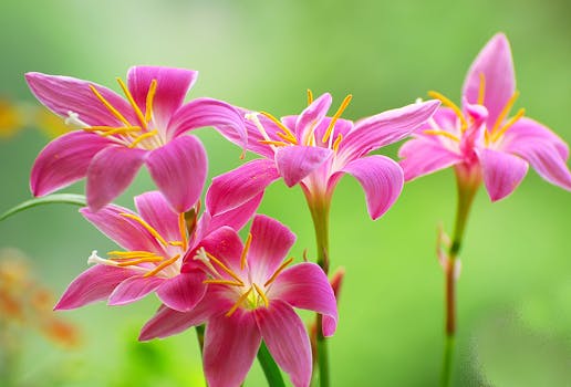 Close-up of vibrant pink rain lilies with a soft green background, highlighting their natural beauty.