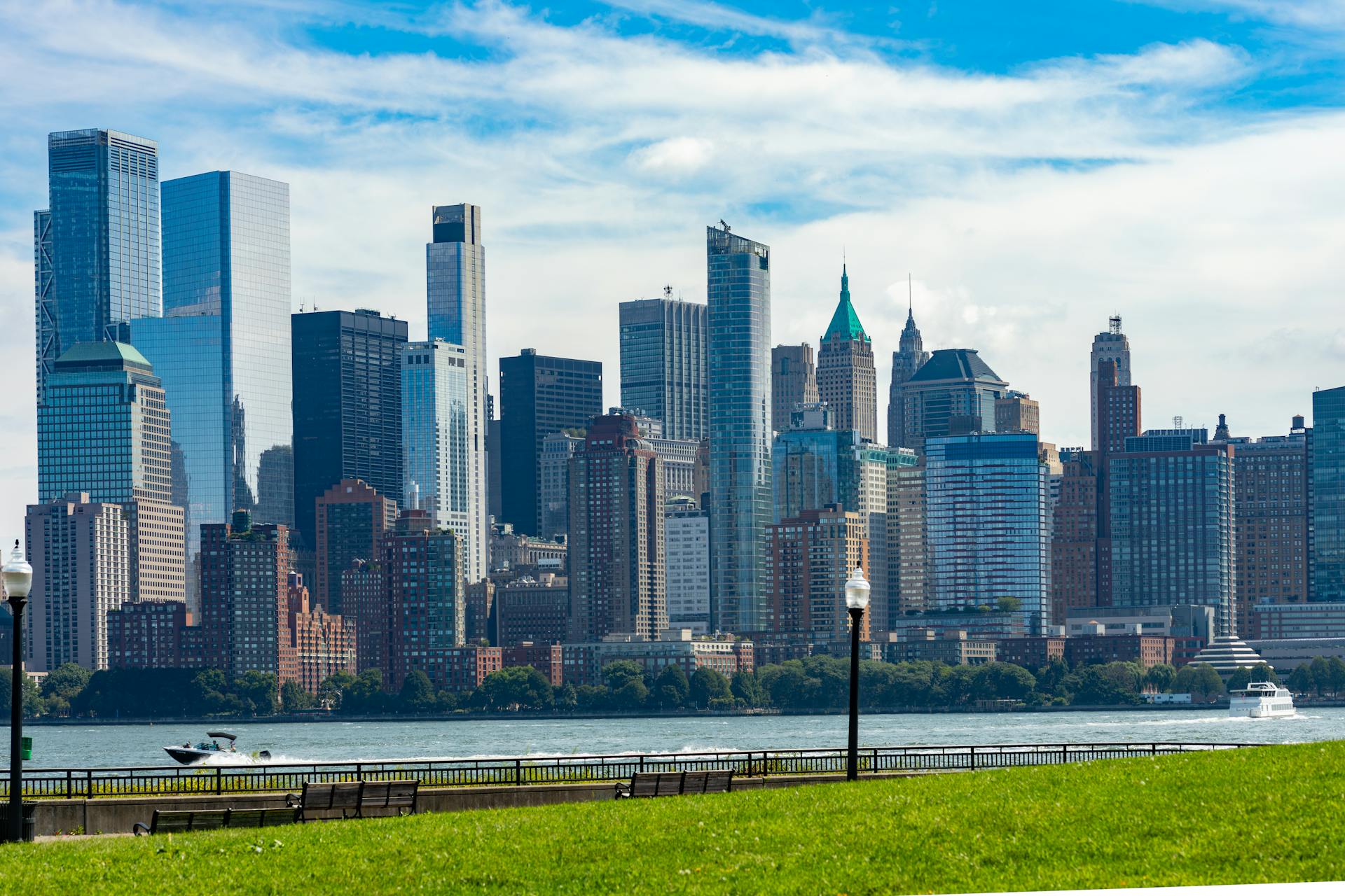 Stunning view of the New York City skyline with clear skies, capturing iconic skyscrapers.