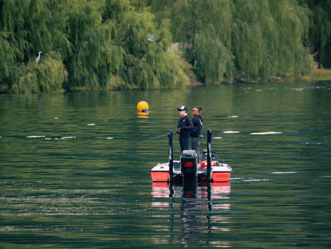 Two anglers enjoying a peaceful day together on a lake