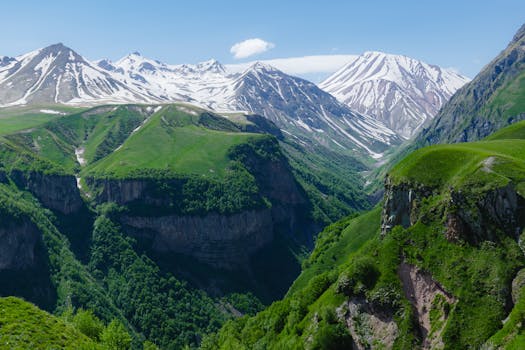 Breathtaking view of snow-capped mountains and lush green valleys under a clear blue sky.