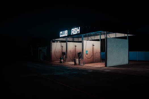 A deserted car wash at night creates a spooky atmosphere in Pedro Meoqui, Mexico.