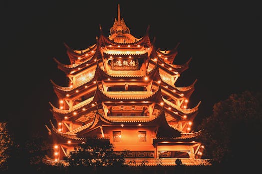 Beautifully illuminated traditional Chinese pagoda at night in Sichuan, China, showcasing intricate architecture.