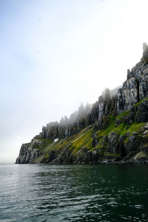 Fog rolling over a rocky shoreline, photo by Francesco Ungaro on Pexels