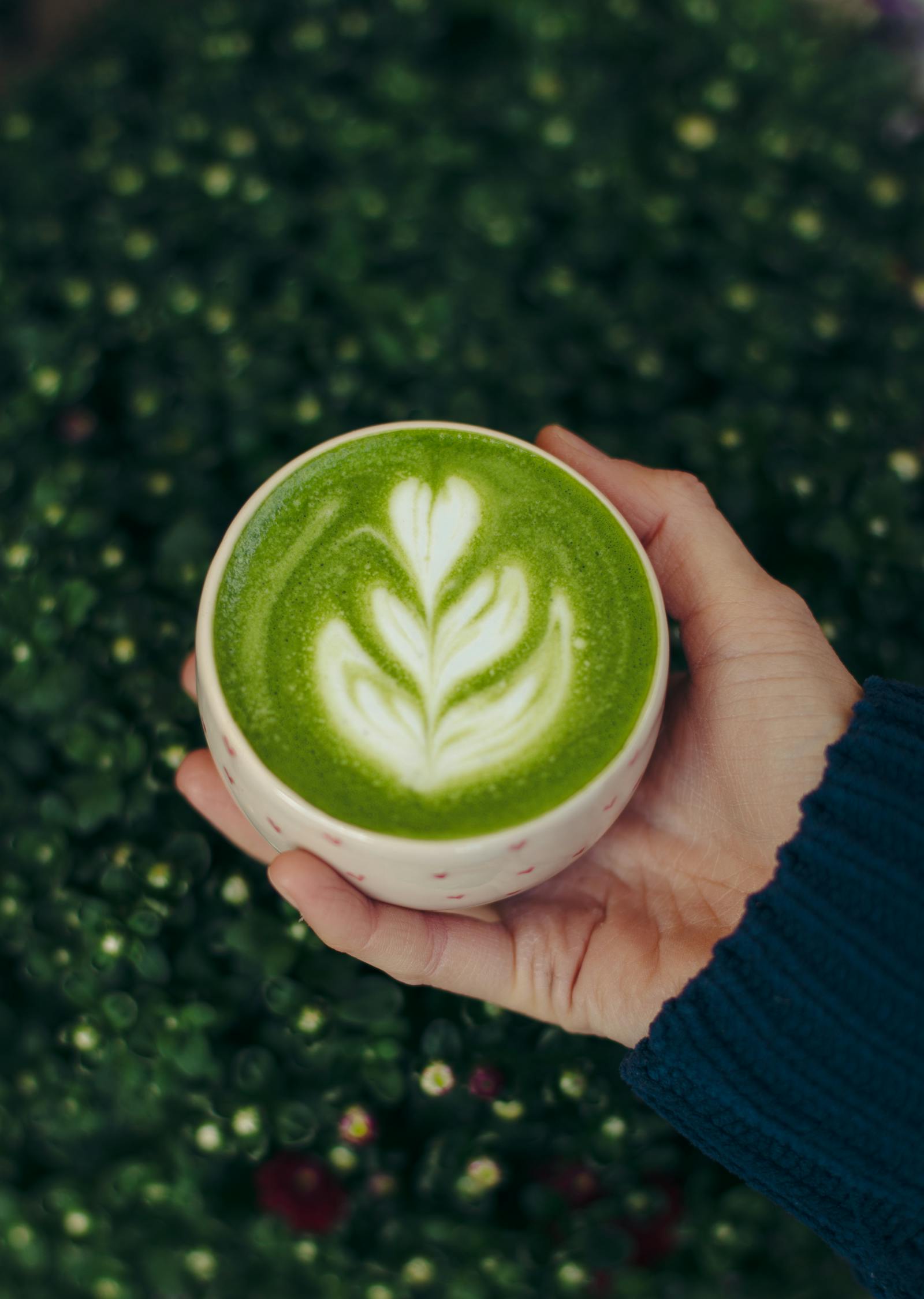 Foamy matcha latte with latte art against leafy backdrop