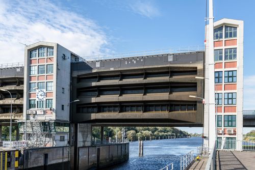 Free Modern ship lift structure in Geesthacht, Germany, on a sunny day. Stock Photo