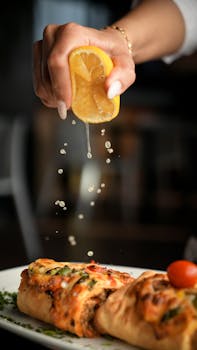 A juicy lemon being squeezed over a delicious stuffed pastry in a Qazvin restaurant.