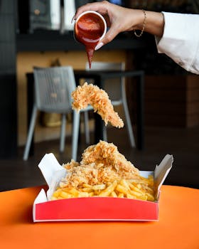 Delicious crispy fried chicken and fries with sauce, perfect for fast food lovers.