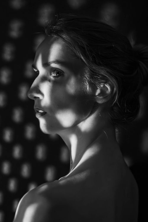 Free Artistic black and white portrait of a woman with dramatic lighting and shadows. Stock Photo