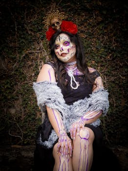 Vibrant Day of the Dead Catrina adorned with skull makeup and flowers in Mexico City.