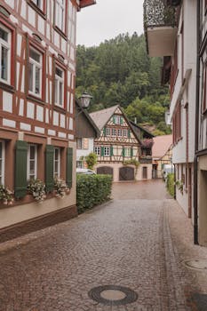 Quaint cobblestone street with traditional half-timbered houses in Triberg, Germany.