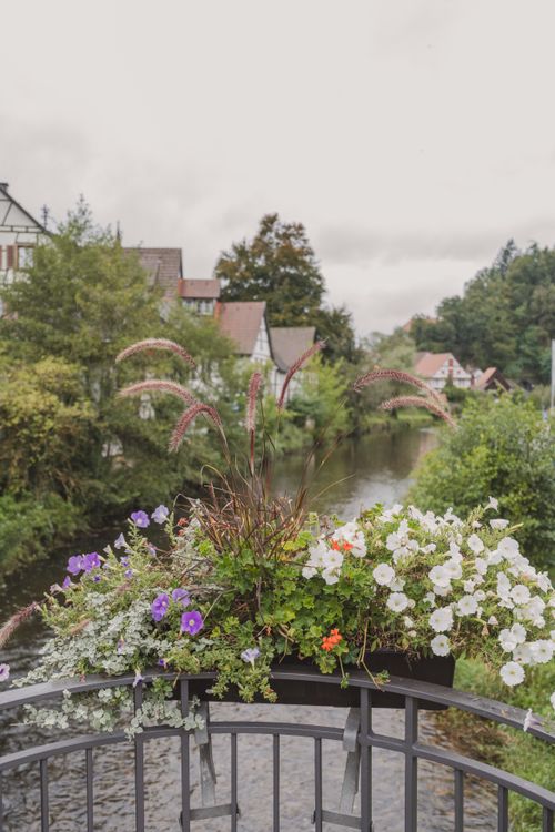Free Flowers on a bridge in picturesque Schiltach, Germany. Serene rural landscape. Stock Photo