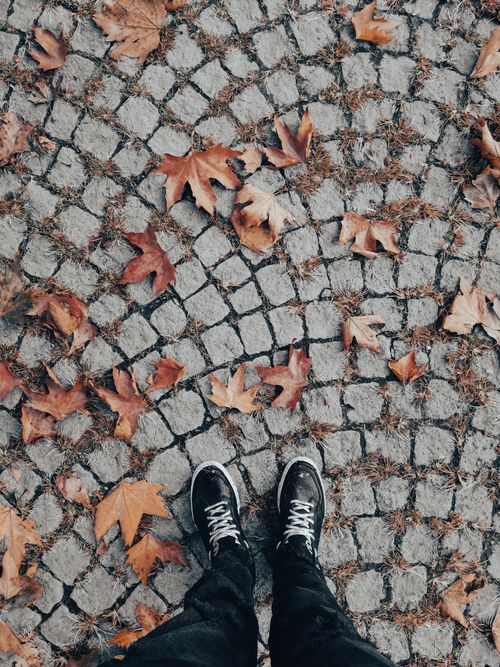 Free Feet on cobblestone path with autumn leaves in Istanbul, capturing a cozy fall vibe. Stock Photo