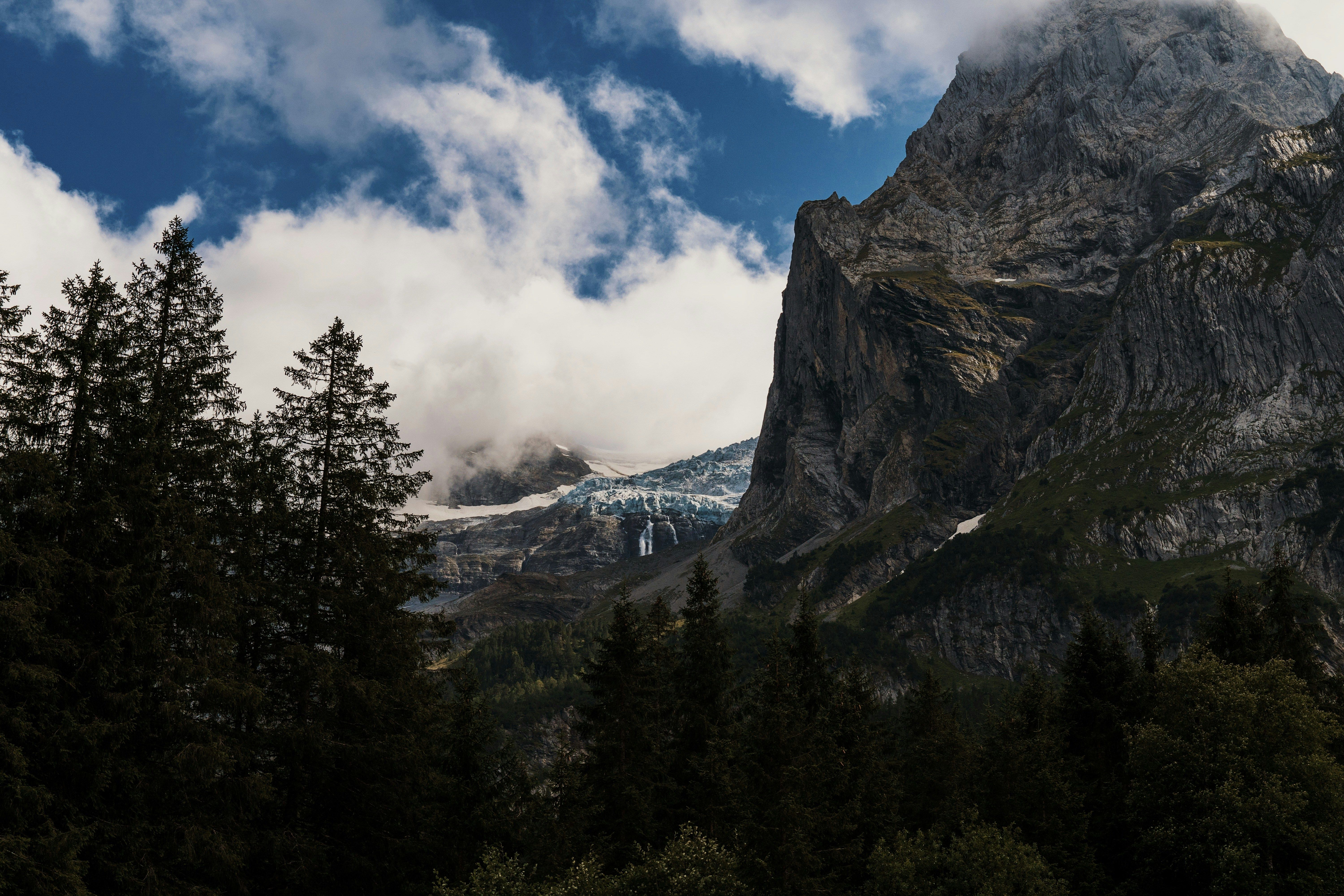 Breathtaking mountain landscape in Meiringen, Switzerland, featuring lush forests and towering cliffs.