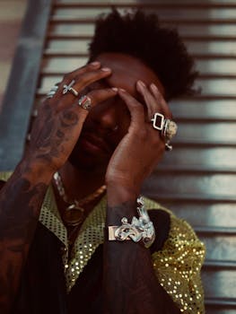 纹身男子的特写镜头展现了独特的珠宝与时尚美学