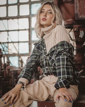 时尚女性身着秋装，在光线充足的工业环境中摆姿势