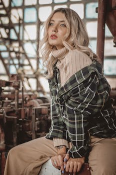 一位金发时尚女性身着休闲装，在工业环境中自信地摆出姿势