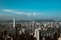 在晴朗的天空下，可以欣赏到以摩天大楼和港口为特色的香港城市景观，令人惊叹