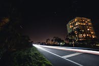 夜晚的城市道路上，灯光流动，建筑明亮