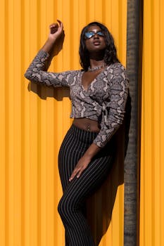 一位戴着太阳镜的时尚女性，自信地在亮黄色墙壁旁摆出姿势