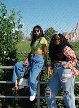 两名年轻女子身着休闲装，戴着太阳镜，在户外时尚地摆着姿势