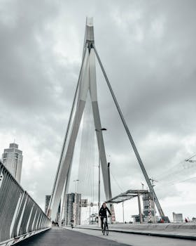 A striking image of the iconic Erasmus Bridge in Rotterdam under a cloudy sky.