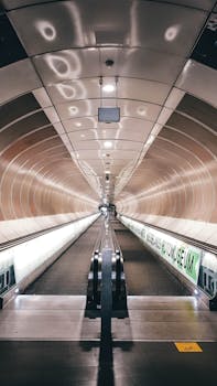 Symmetrical view of an escalator in a Rotterdam metro tunnel, highlighting urban architecture.