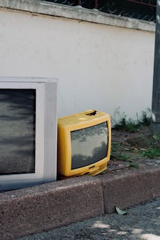 Two old TVs left on pavement, highlighting electronic waste and urban decay.
