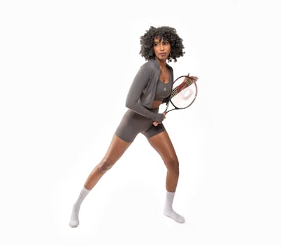 African American woman in sporty outfit posing with tennis racket on white background.