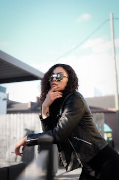 Confident woman in sunglasses and leather jacket posing outdoors. Urban fashion statement.
