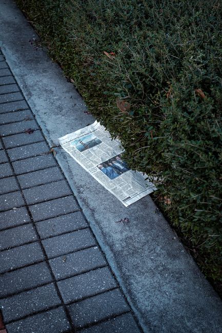 A lone newspaper lies on a sidewalk beside a neatly trimmed green hedge.