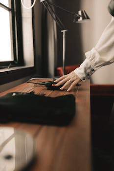 Stylish close-up of a hand touching a wooden desk in a modern office setting.