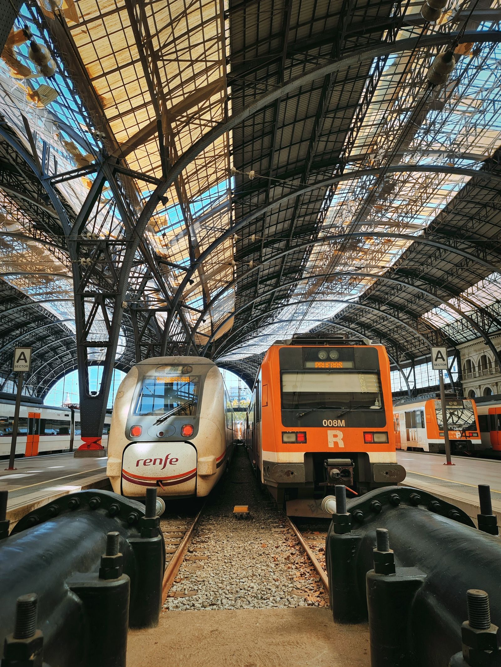 Modern trains under an arched station roof in Barcelona