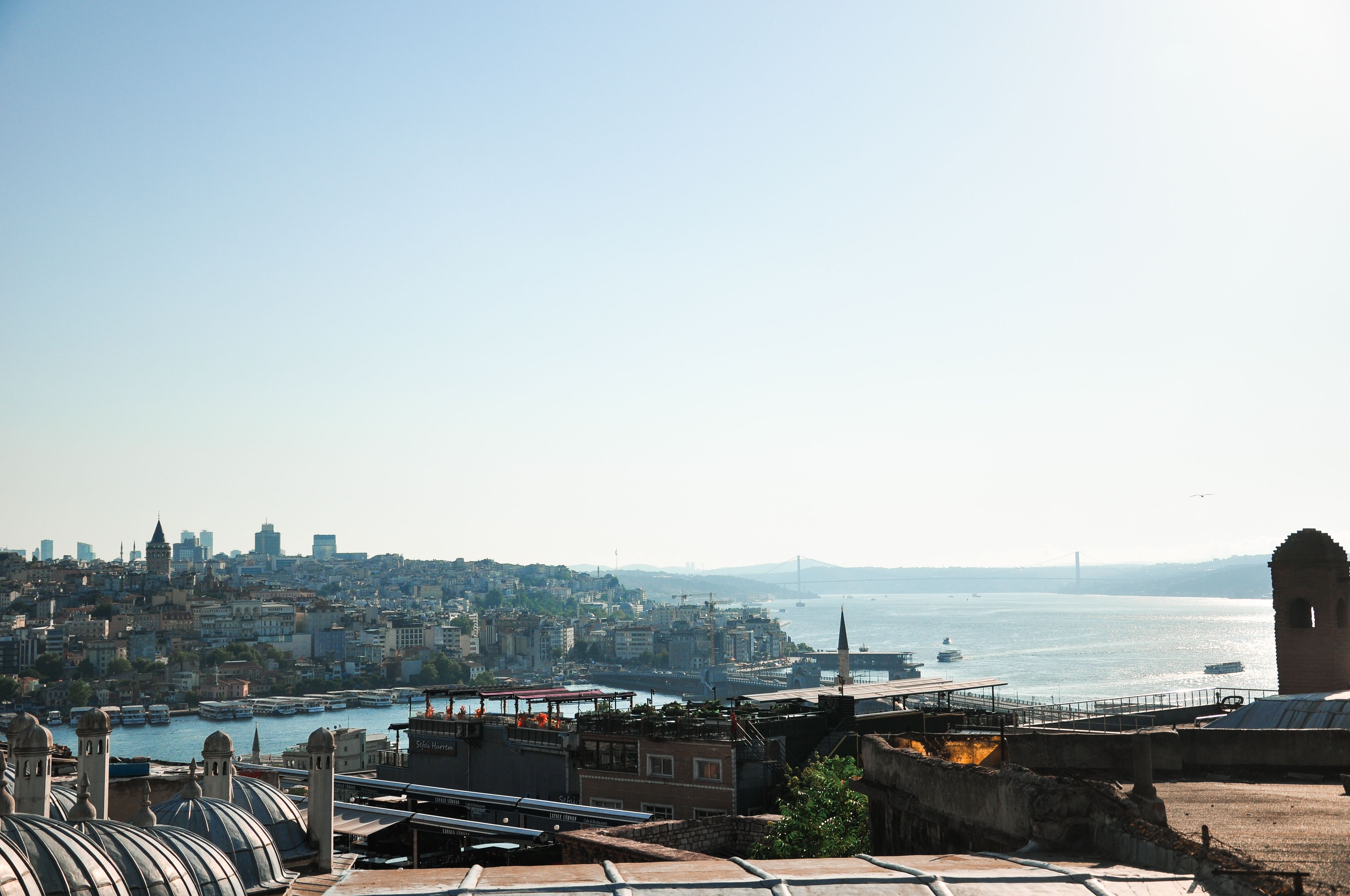 A scenic panorama of Istanbul's skyline and Bosphorus Strait under a clear sky.