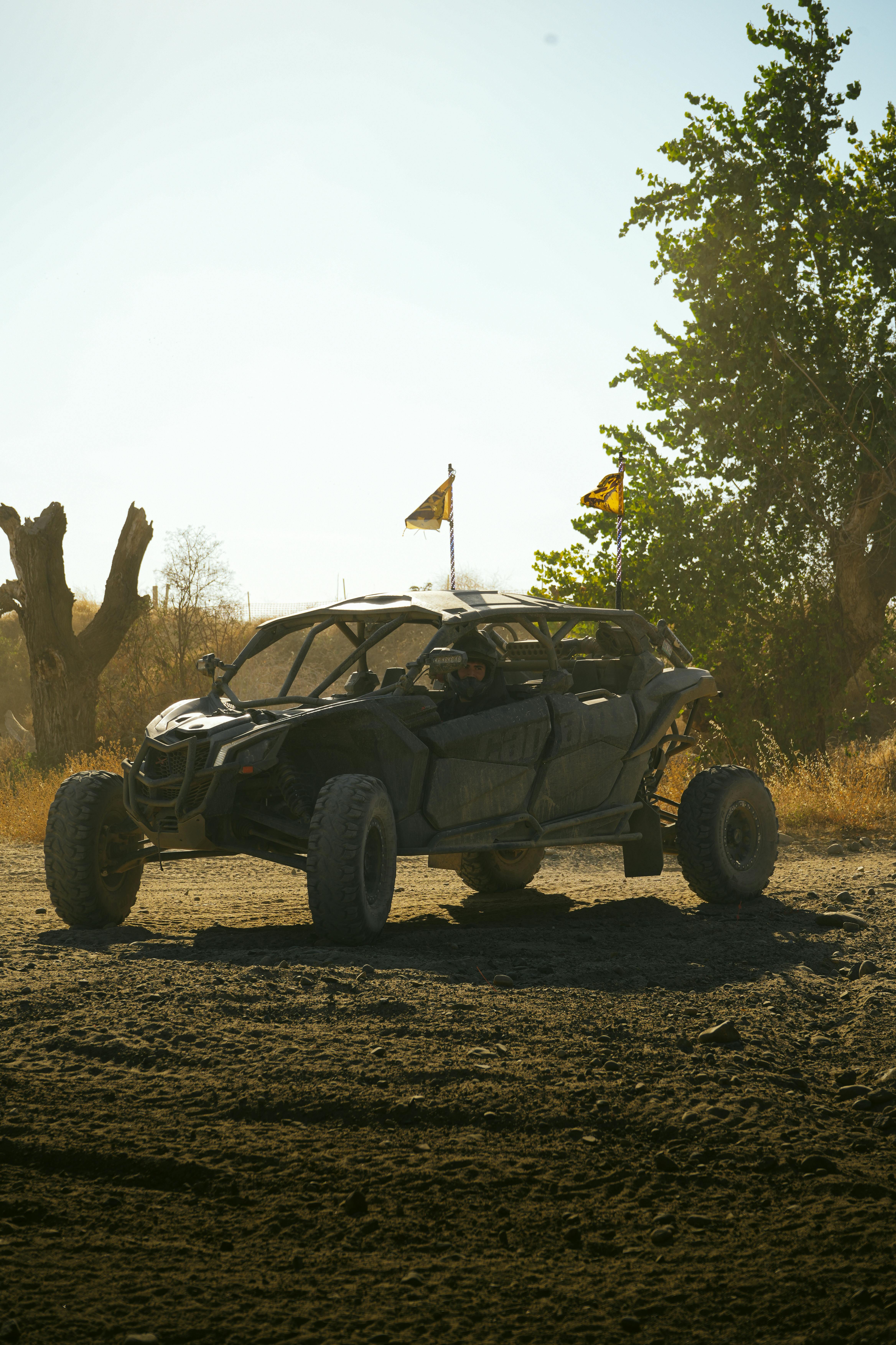 Off-road vehicle kicking up dust on a rugged trail with flags waving in a sunny setting.