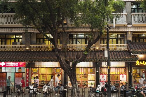 Free Street scene capturing shops, people, and motorbikes under a tree-lined Asian street. Stock Photo