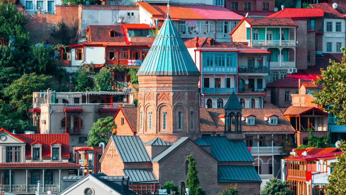 Historic carved wooden balconies on a Tbilisi old town street