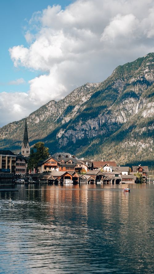 Free Picturesque village of Hallstatt by a mountain lake in the Austrian Alps. Stock Photo