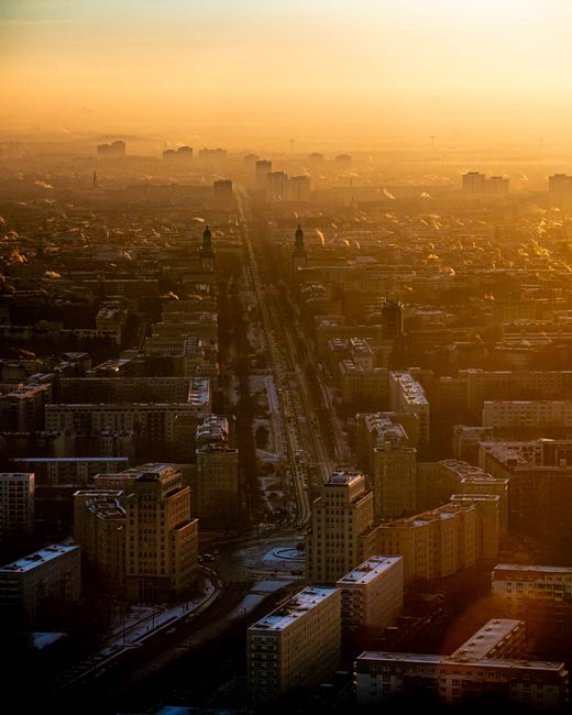 Breathtaking aerial view of Berlin, Germany at sunrise showcasing the city's skyline.
