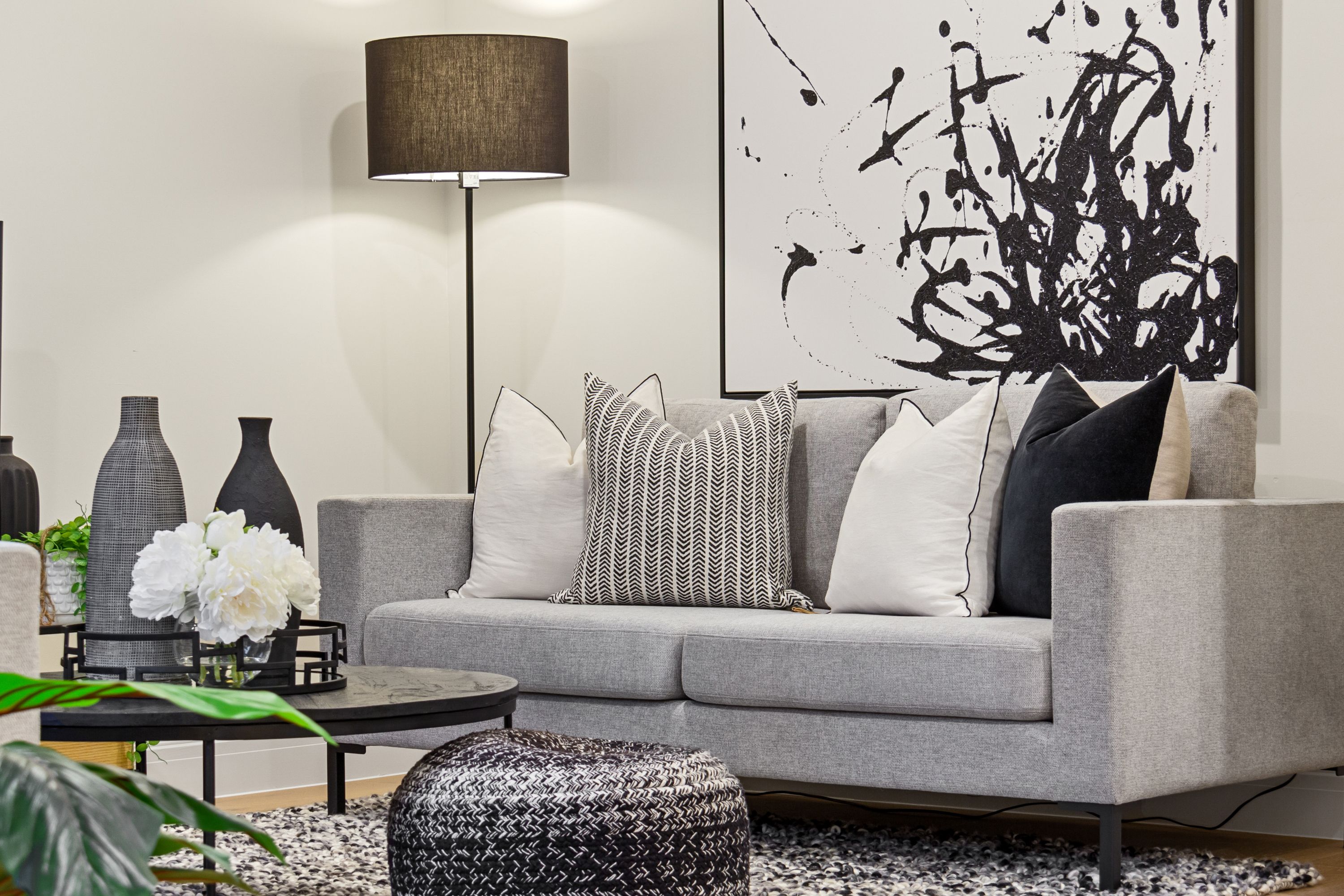 Modern Grey Living Room with Abstract Art · Free Stock Photo