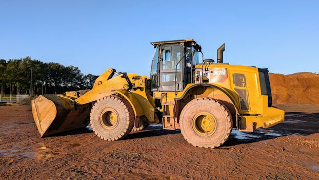 A large yellow wheel loader at a construction site under a blue sky.